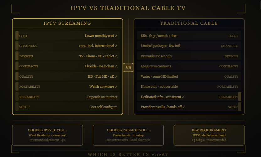 Nomad IPTV IPTV versus cable TV comparison chart highlighting features and benefits.