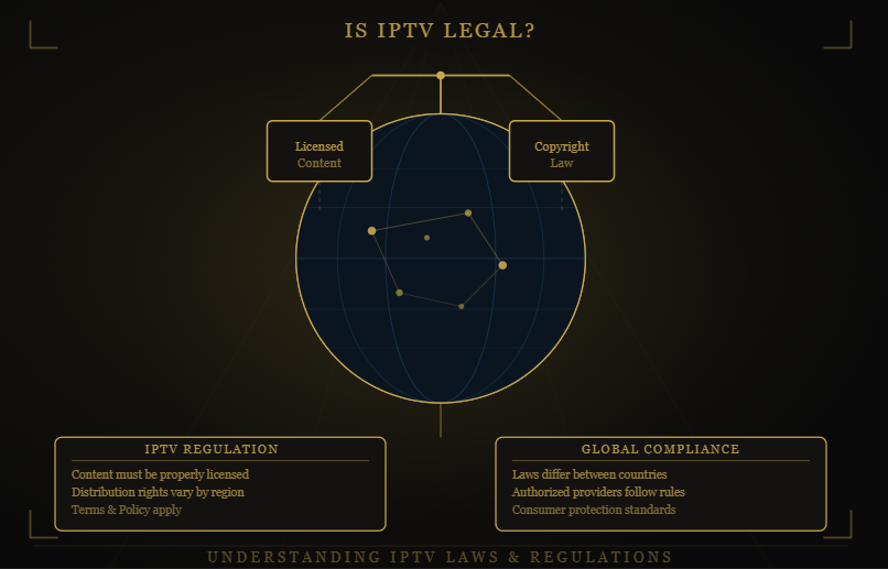 Nomad IPTV IPTV legality infographic explaining licensed content, copyright laws, streaming regulations, legal IPTV services, and consumer compliance requirements.