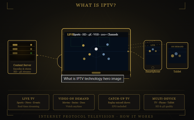 What is Nomad IPTV IPTV infographic showing live TV, VOD, catch-up TV, multi-device streaming, and the key features of internet-based television services.